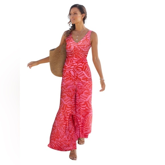 Lascana x VENUS Tiered Maxi Dress Pink and Red Abstract Stretch V Neck Size Med - Picture 2 of 12